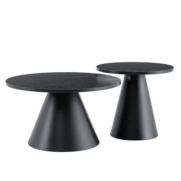 English Elm Round Nesting Coffee Tables Walnut Grain Top Steel Cone Base Mid-Century Living Room Set Black W2920S00231
