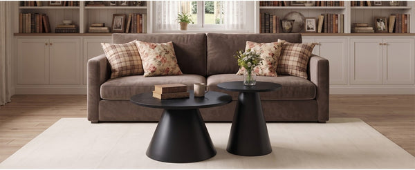 English Elm Round Nesting Coffee Tables Walnut Grain Top Steel Cone Base Mid-Century Living Room Set Black W2920S00231