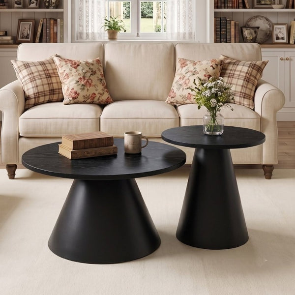 English Elm Round Nesting Coffee Tables Walnut Grain Top Steel Cone Base Mid-Century Living Room Set Black W2920S00231