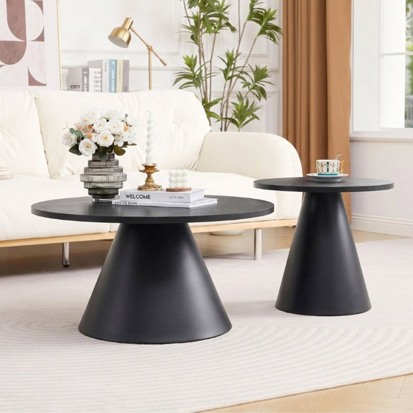 English Elm Round Nesting Coffee Tables Walnut Grain Top Steel Cone Base Mid-Century Living Room Set Black W2920S00231