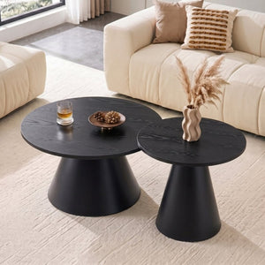 English Elm Round Nesting Coffee Tables Walnut Grain Top Steel Cone Base Mid-Century Living Room Set Black W2920S00231