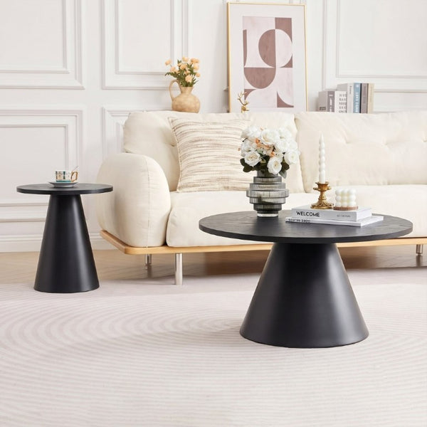 English Elm Round Nesting Coffee Tables Walnut Grain Top Steel Cone Base Mid-Century Living Room Set Black W2920S00231