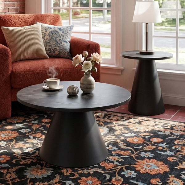 English Elm Round Nesting Coffee Tables Walnut Grain Top Steel Cone Base Mid-Century Living Room Set Black W2920S00231