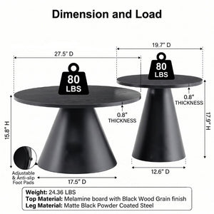 English Elm Round Nesting Coffee Tables Walnut Grain Top Steel Cone Base Mid-Century Living Room Set Black W2920S00231