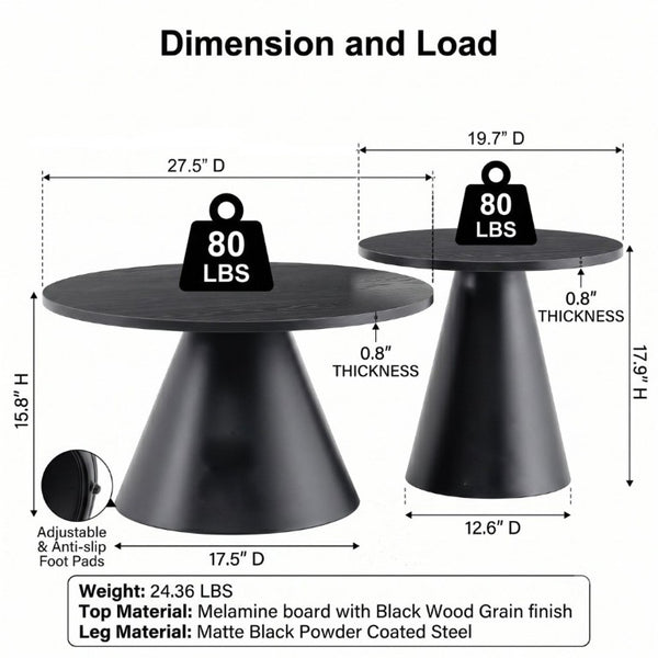 English Elm Round Nesting Coffee Tables Walnut Grain Top Steel Cone Base Mid-Century Living Room Set Black W2920S00231