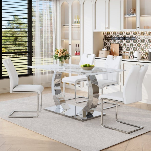 English Elm Luxury 5 Piece Marble Glass Dining Set with Sculptural Steel Base and PU Leather Chairs W2920S00232