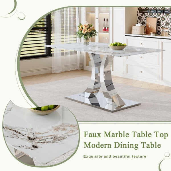English Elm Luxury 5 Piece Marble Glass Dining Set with Sculptural Steel Base and PU Leather Chairs W2920S00232