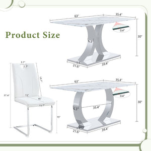 English Elm Luxury 5 Piece Marble Glass Dining Set with Sculptural Steel Base and PU Leather Chairs W2920S00232