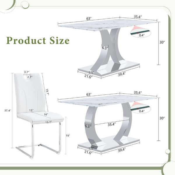 English Elm Luxury 5 Piece Marble Glass Dining Set with Sculptural Steel Base and PU Leather Chairs W2920S00232
