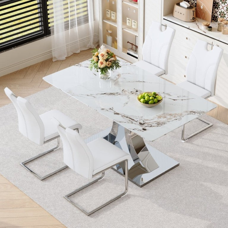 English Elm Luxury 5 Piece Marble Glass Dining Set with Sculptural Steel Base and PU Leather Chairs W2920S00232