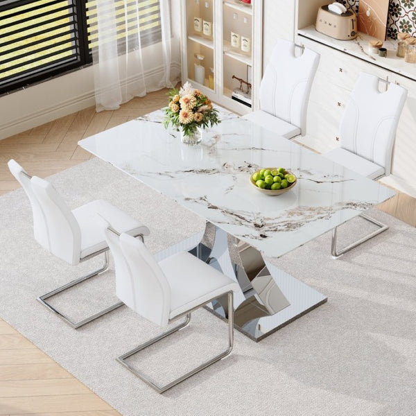 English Elm Luxury 5 Piece Marble Glass Dining Set with Sculptural Steel Base and PU Leather Chairs W2920S00232