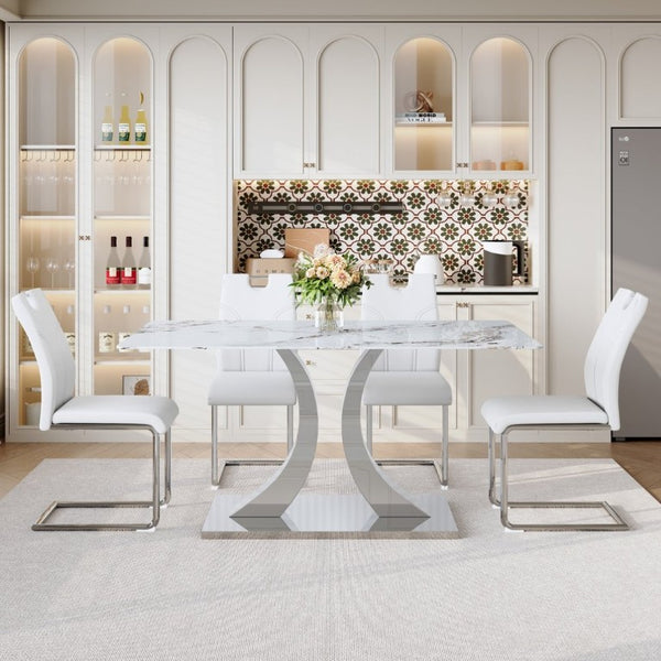English Elm Luxury 5 Piece Marble Glass Dining Set with Sculptural Steel Base and PU Leather Chairs W2920S00232