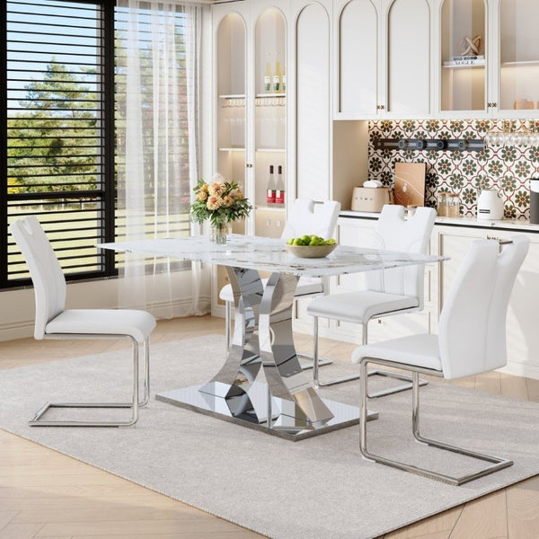 English Elm Luxury 5 Piece Marble Glass Dining Set with Sculptural Steel Base and PU Leather Chairs W2920S00232