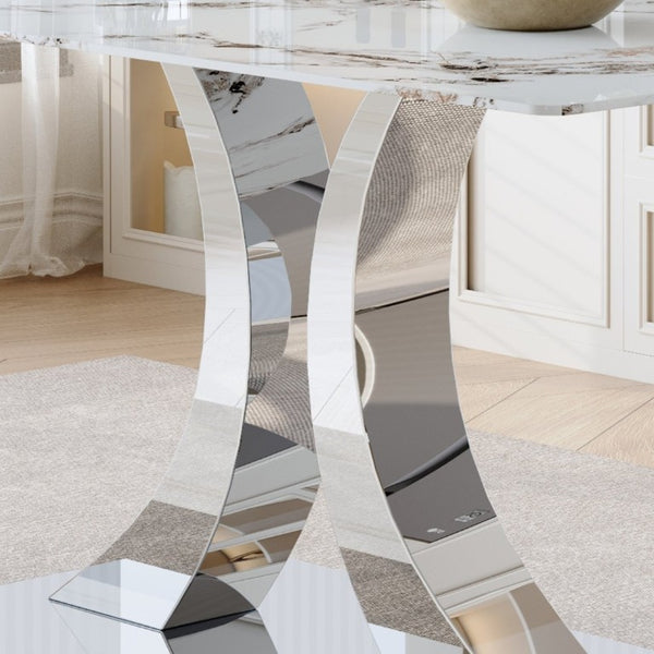 English Elm Luxury 5 Piece Marble Glass Dining Set with Sculptural Steel Base and PU Leather Chairs W2920S00232