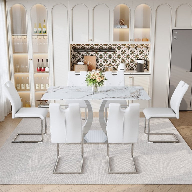 English Elm Luxury 7 Piece Marbled Glass Dining Set with Sculptural Steel Base and Upholstered Chairs W2920S00236