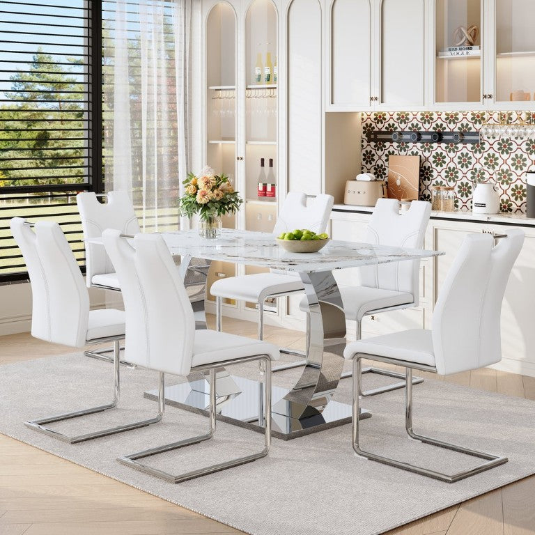 English Elm Luxury 7 Piece Marbled Glass Dining Set with Sculptural Steel Base and Upholstered Chairs W2920S00236