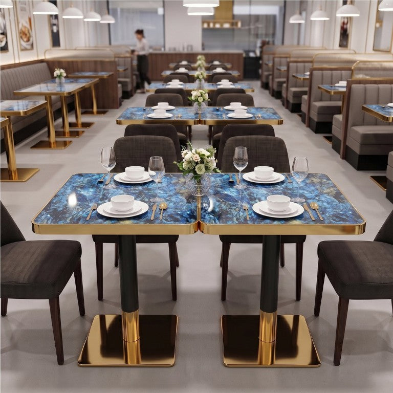 English Elm Set of 2 Square Bistro Tables Glossy Blue Agate Marble Top Gold Edge Black Pedestal W2920S00237