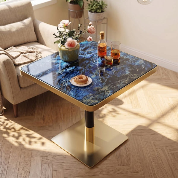 English Elm Set of 2 Square Bistro Tables Glossy Blue Agate Marble Top Gold Edge Black Pedestal W2920S00237
