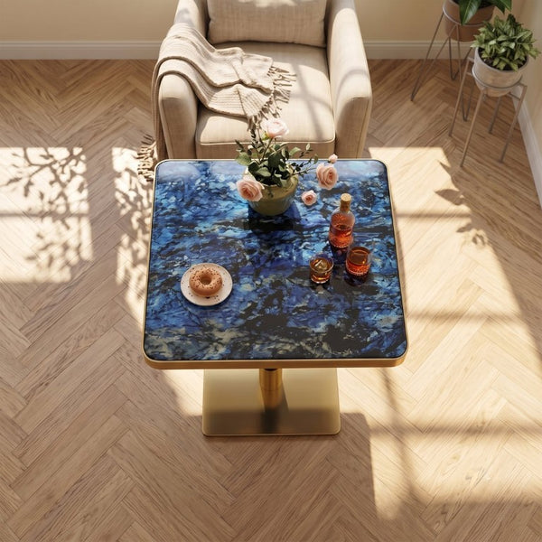 English Elm Set of 2 Square Bistro Tables Glossy Blue Agate Marble Top Gold Edge Black Pedestal W2920S00237