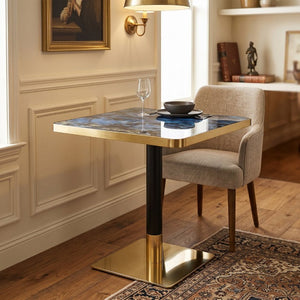 English Elm Set of 2 Square Bistro Tables Glossy Blue Agate Marble Top Gold Edge Black Pedestal W2920S00237