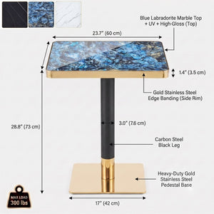 English Elm Set of 2 Square Bistro Tables Glossy Blue Agate Marble Top Gold Edge Black Pedestal W2920S00237