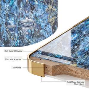 English Elm Set of 2 Square Bistro Tables Glossy Blue Agate Marble Top Gold Edge Black Pedestal W2920S00237