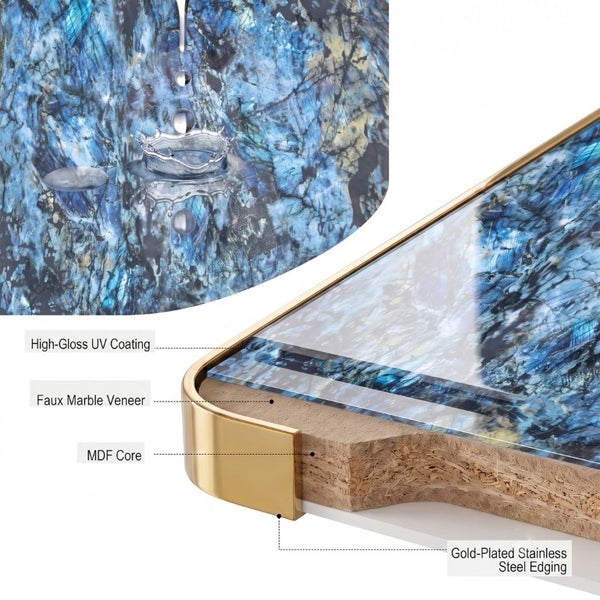 English Elm Set of 2 Square Bistro Tables Glossy Blue Agate Marble Top Gold Edge Black Pedestal W2920S00237