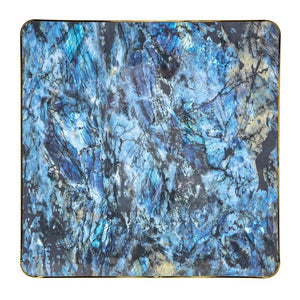 English Elm Set of 2 Square Bistro Tables Glossy Blue Agate Marble Top Gold Edge Black Pedestal W2920S00237