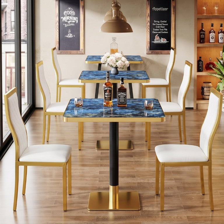 English Elm Set of 2 Square Bistro Tables Glossy Blue Agate Marble Top Gold Edge Black Pedestal W2920S00237