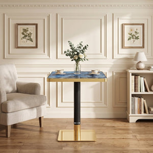 English Elm Set of 2 Square Bistro Tables Glossy Blue Agate Marble Top Gold Edge Black Pedestal W2920S00237