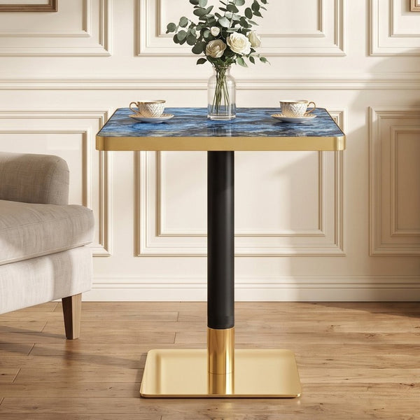 English Elm Set of 2 Square Bistro Tables Glossy Blue Agate Marble Top Gold Edge Black Pedestal W2920S00237