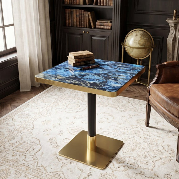 English Elm Set of 2 Square Bistro Tables Glossy Blue Agate Marble Top Gold Edge Black Pedestal W2920S00237