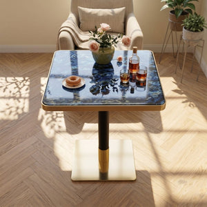 English Elm Set of 2 Square Bistro Tables Glossy Blue Agate Marble Top Gold Edge Black Pedestal W2920S00237