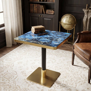 English Elm Set of 2 Square Bistro Tables Glossy Blue Agate Marble Top Gold Edge Black Pedestal W2920S00237