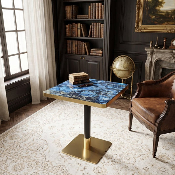 English Elm Set of 2 Square Bistro Tables Glossy Blue Agate Marble Top Gold Edge Black Pedestal W2920S00237