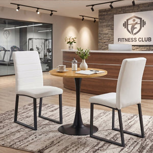 English Elm 23.6 Round Two Person Dining Set with Walnut MDF Table and White PU Leather Chairs Wood Table + 2 White Chairs W2920S00240