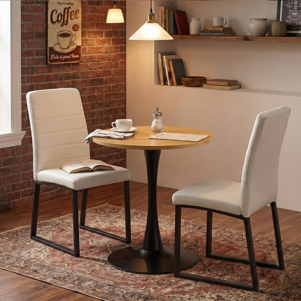 English Elm 23.6 Round Two Person Dining Set with Walnut MDF Table and White PU Leather Chairs Wood Table + 2 White Chairs W2920S00240