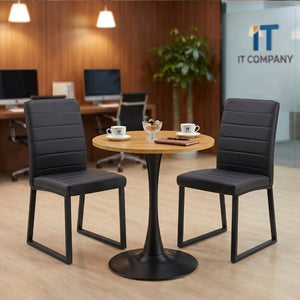 English Elm 23.6 Round Two Person Dining Set with Walnut MDF Table and White PU Leather Chairs Wood Table + 2 Black Chairs W2920S00241
