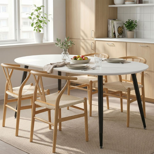 English Elm Pull Extension Dining Set with Round MDF Top and Four Wishbone Chairs for Modern Homes W2920S00252