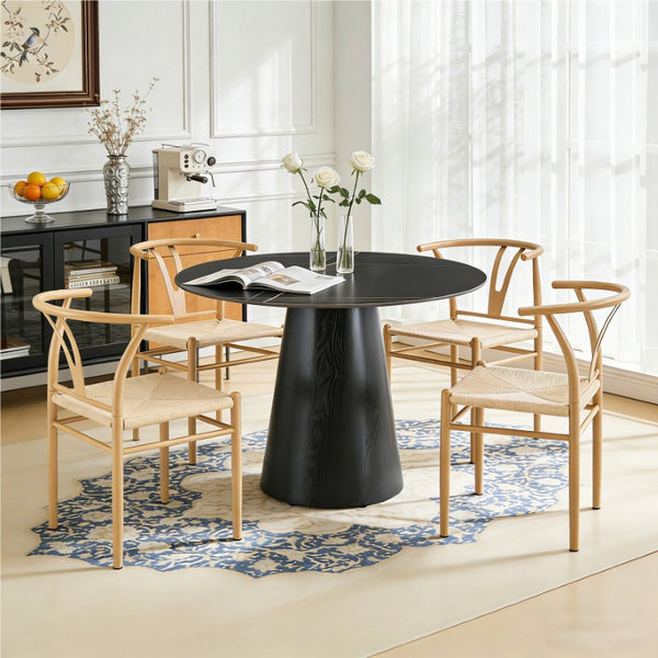 English Elm Table and Chair Set 42 Inch Round Rock Slab Top with Four Wishbone Iron Dining Chairs W2920S00256