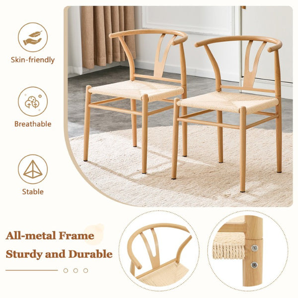 English Elm Table and Chair Set 42 Inch Round Rock Slab Top with Four Wishbone Iron Dining Chairs W2920S00256