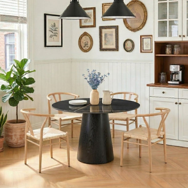 English Elm Table and Chair Set 42 Inch Round Rock Slab Top with Four Wishbone Iron Dining Chairs W2920S00256