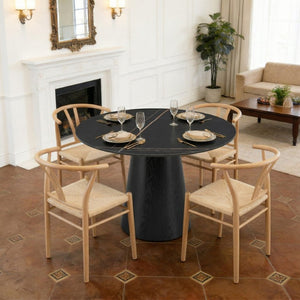 English Elm Table and Chair Set 42 Inch Round Rock Slab Top with Four Wishbone Iron Dining Chairs W2920S00256