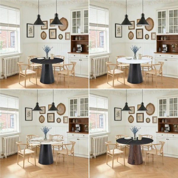English Elm Table and Chair Set 42 Inch Round Rock Slab Top with Four Wishbone Iron Dining Chairs W2920S00256