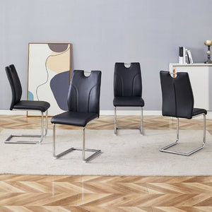 English Elm Black PU Leather Dining Chair Set of Four with Ergonomic Back and Silver Metal Legs W2920S00257