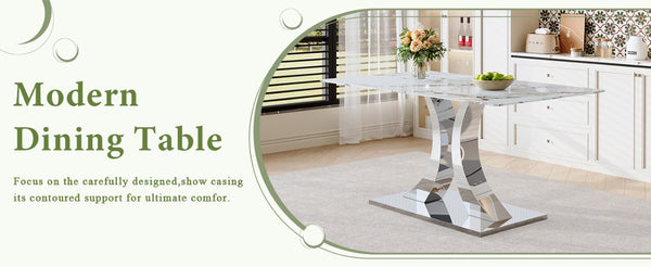 English Elm Transformable Stainless Steel Dining Table with Stone Pattern Tempered Glass Seats Six W2920S00258