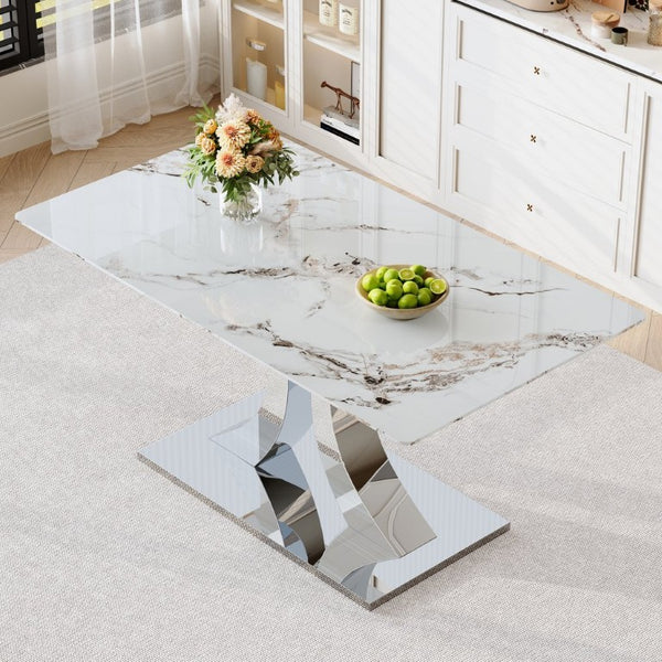 English Elm Transformable Stainless Steel Dining Table with Stone Pattern Tempered Glass Seats Six W2920S00258