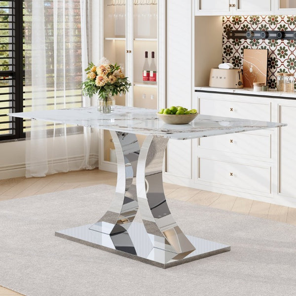 English Elm Transformable Stainless Steel Dining Table with Stone Pattern Tempered Glass Seats Six W2920S00258