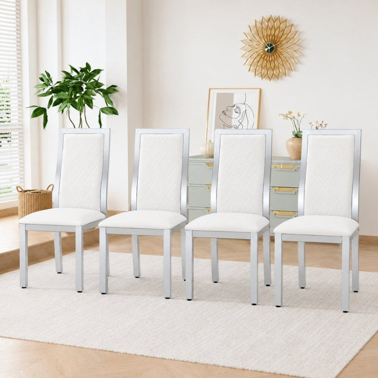 English Elm Modern Diamond Quilted Faux Leather Dining Chairs Set of 4 with Chrome Frame High Back White W2920S00260