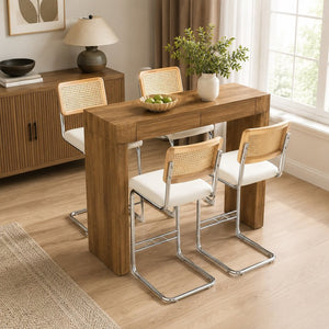 English Elm 4-Piece Bar Set with Wood Grain MDF Table PU Leather Stools and Built-In Storage Drawers W2920S00264